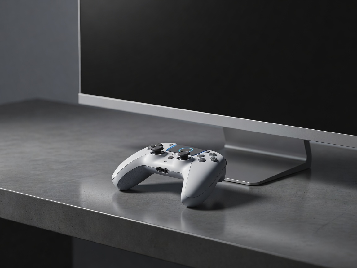 A modern console controller resting beneath a sleek monitor