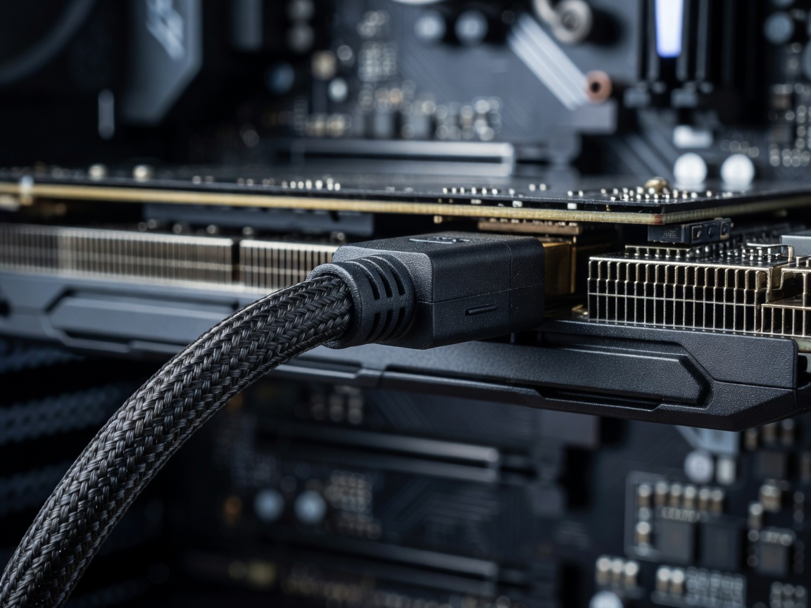 Thick braided DisplayPort cable plugged into a graphics card