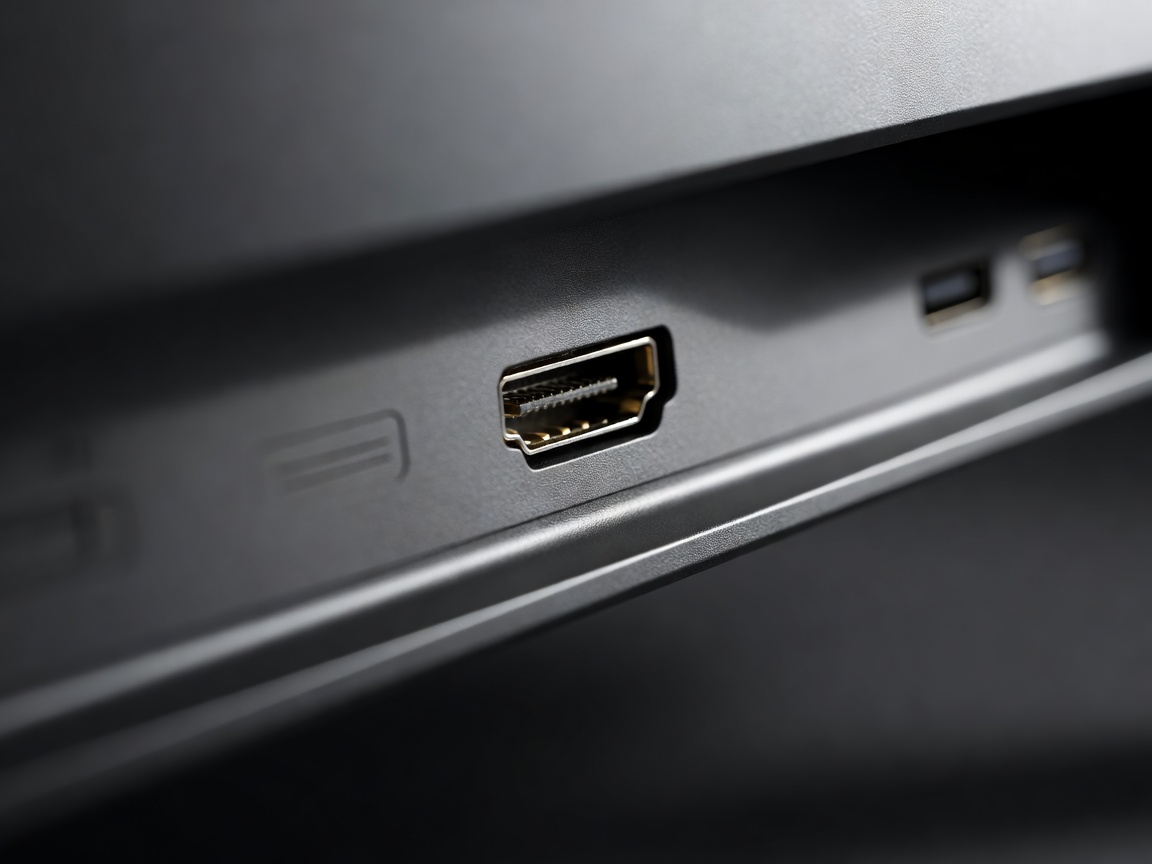 Macro view of an HDMI 2.1 port on the back of a premium monitor