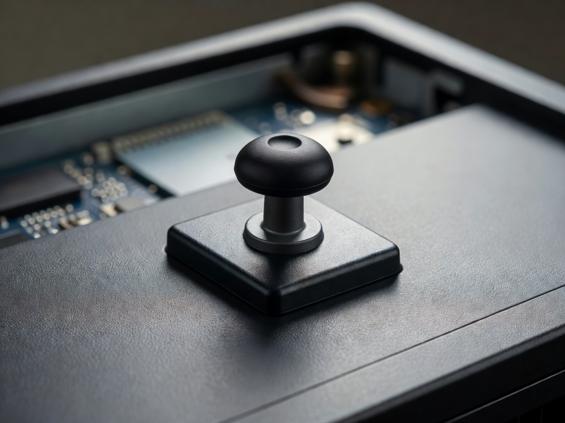 Close up of a 5-way OSD navigation joystick behind a monitor