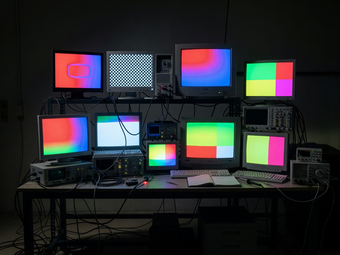 A dark room showing multiple monitors hooked up to testing equipment